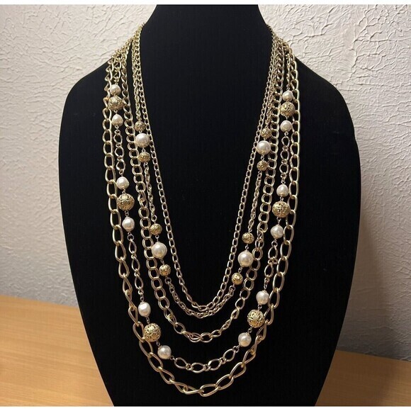 Gold-Tone Faux Pearl Bead Multi Chain Statement Necklace 34.5 in 5 Strand - Picture 10 of 16